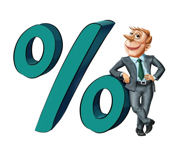 A man in a business suit sucks near a large percentage sign