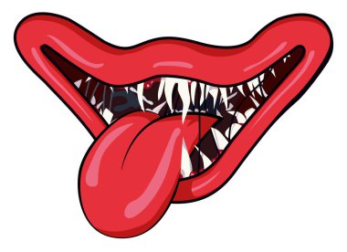 Smile of a toothy monster with his tongue hanging out on a white background