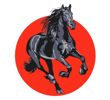 black horse galloping against the background of a red circle