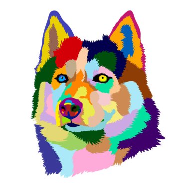 Rainbow portrait of a husky dog with multi-colored eyes