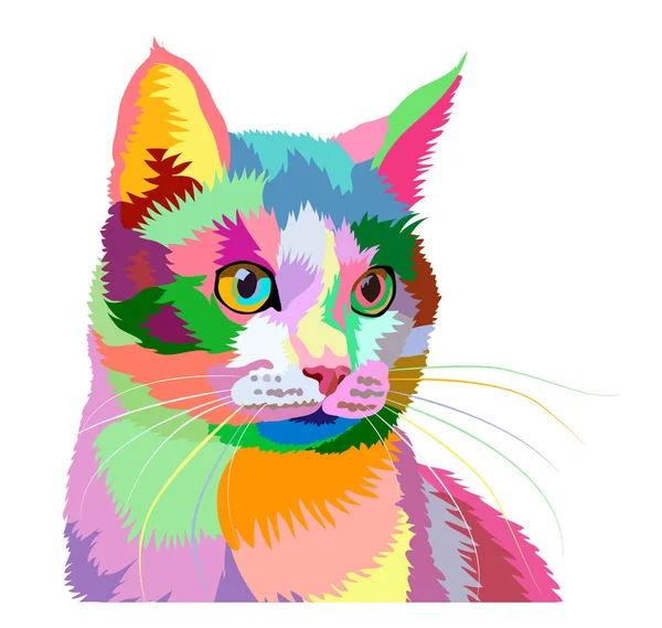 Rainbow portrait of a cat with multi-colored eyes on a white background