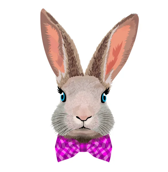 Portrait of a blue-eyed rabbit with a pink checkered butterfly