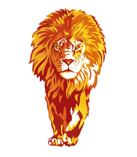 A fiery bright lion is coming to meet you on a white background