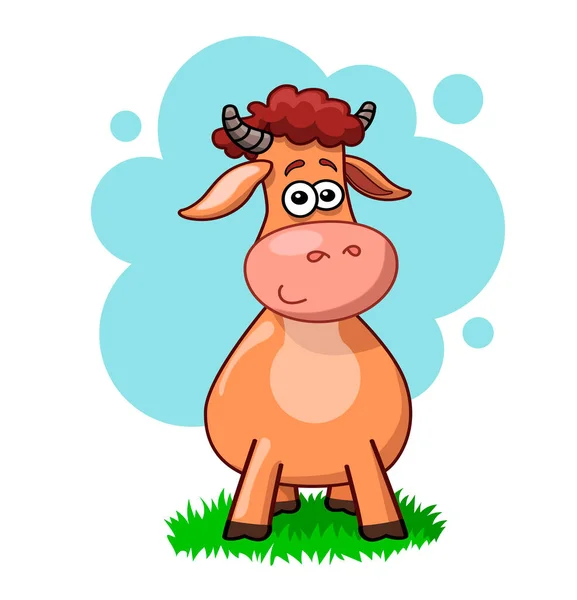 Cartoon Bull Curly Hairstyle Stands Green Grass Smiles — Image vectorielle