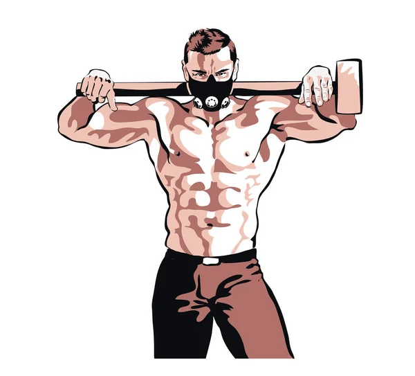 athlete with a pumped up body holds a sledgehammer on his shoulders and with a mask on his face