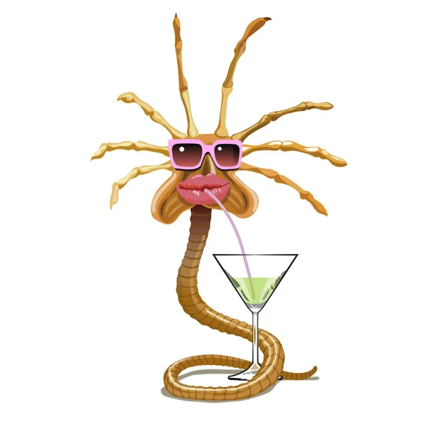 Creature Long Tentacles Drinks Green Cocktail Glass Straw Isolated White — Stockvektor