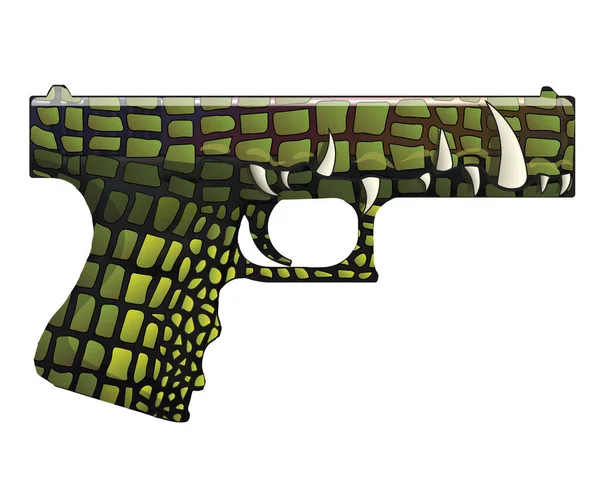 Green Crocodile Textured Gun Sharp Fangs Isolated White Background — Stock Vector