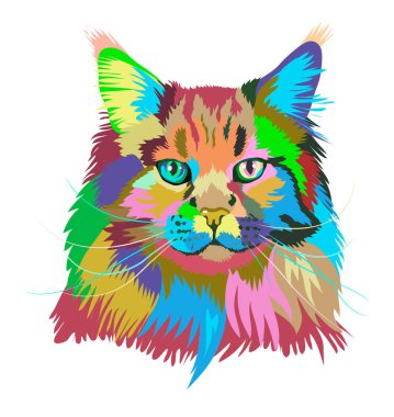 Tüylü bir gökkuşağı kedisinin portresi. Çok renkli gözleri var.