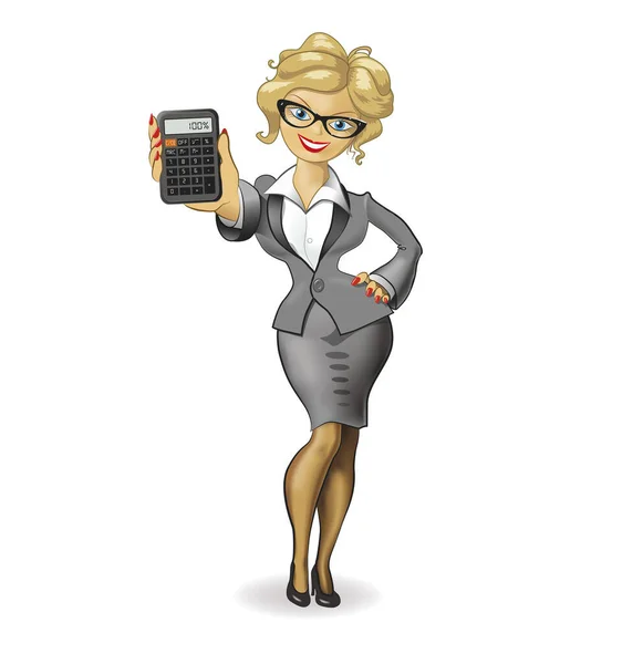 A woman in a business suit holds a calculator in her hand and rejoices