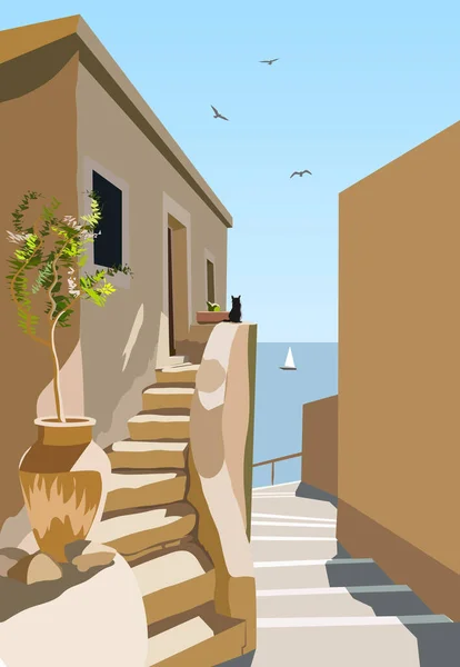Cityscape: Italian street leading down to the sea, where a yacht sails
