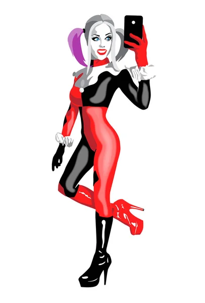 Berühmte Bösewicht Harley Macht Ein Selfie Telefon Einem Sexy Kostüm — Stockvektor