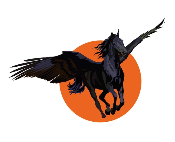 Kanatlı at Pegasus turuncu güneşin arka planında