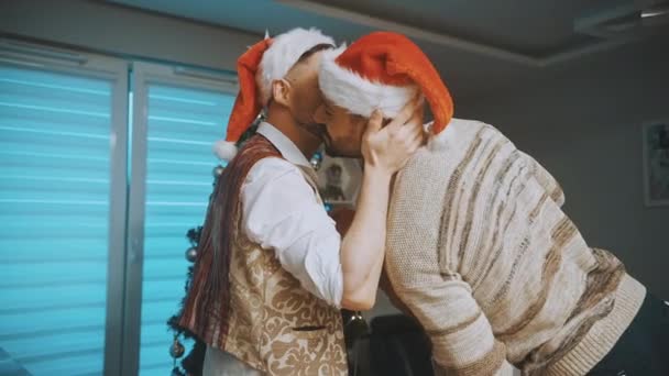 Рождественский дух. Гей-пара целуется перед рождественской елкой — стоковое видео