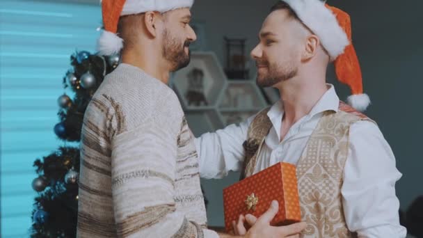 Рождественский обмен подарками в гомосексуальной семье. Красивая гей-пара празднует Рождество — стоковое видео
