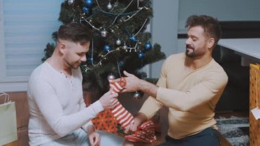 Mutlu eşcinsel çift Noel ağacı önünde sarılıyor, öpüşüyor ve çoraplarını değiş tokuş ediyor.