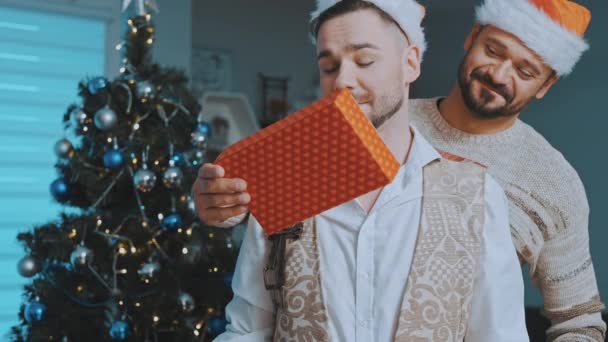 Сочельник. Счастливая гей-пара обнимается и обменивается подарками перед рождественской елкой — стоковое видео