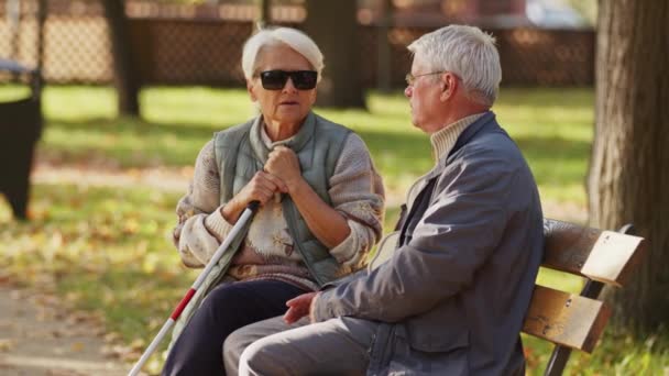 Слепая пожилая женщина, сидящая на беже со своим мужем. Пожилая пара на пенсии поддерживает друг друга — стоковое видео