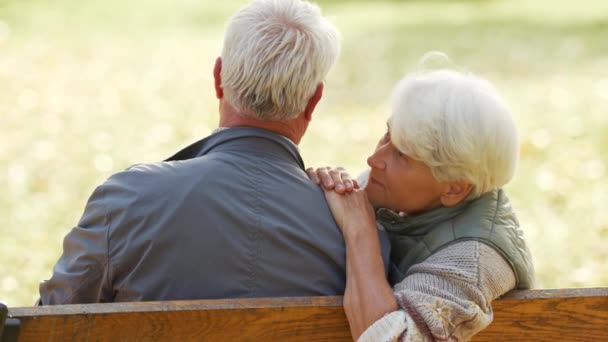 Ein älteres Ehepaar sitzt auf der Bank im Park. Frau stützt ihren Kopf auf Manns Schulter und streichelt seine Haare — Stockvideo