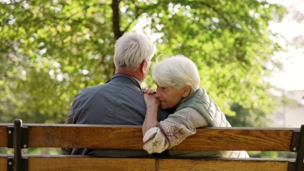 Dos ancianos caucásicos de pelo gris sentados en un banco en el parque y profundizando su relación — Vídeos de Stock