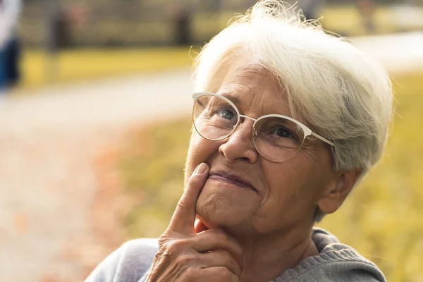 Penzitivní bělovlasá šedovlasá dáma s brýlemi na nose, dotýkající se její tváře a přemýšlející o něčem. — Stock fotografie
