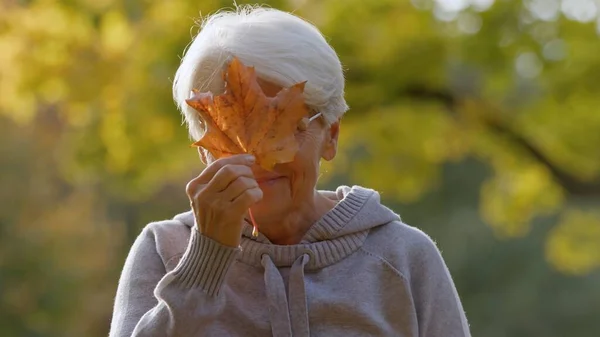Πορτρέτο της ευτυχισμένης καυκάσιας ηλικιωμένης γυναίκας με φύλλο σφενδάμου στο πάρκο του φθινοπώρου — Φωτογραφία Αρχείου