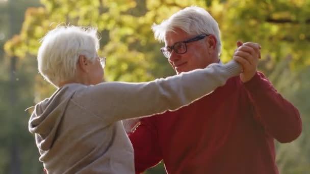 Zwei zufriedene Rentner tanzen im Park und amüsieren sich. Glückliches altes Ehekonzept. — Stockvideo