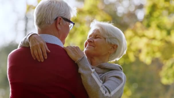 秋の公園で抱き合っている高齢者の白人夫婦。屋外撮影. — ストック動画