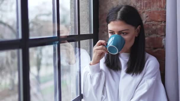 Belle brune caucasienne heureuse assise à côté de la fenêtre, buvant du thé et appréciant sa journée. — Video