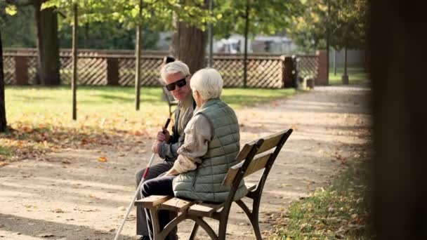 Wanita Kaukasia tua dengan suaminya cacat di taman, suami berkacamata dan fokus selektif taman tongkat salinan penuh ruang — Stok Video