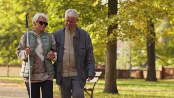 Пожилой кавказский мужчина поддерживает свою слепую жену во время прогулки по парку для слепых — стоковое видео