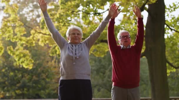 Senior Caucasian couple doing exercises together in the park happy retirement healthy lifestyle concept selective focus medium shot — Stock Video
