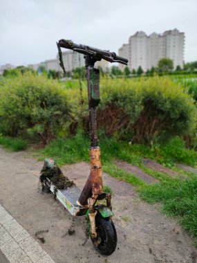 Gölden çıkarılan elektrikli scooter 'ın dikey çekimi. Modern su kirliliği kavramı.