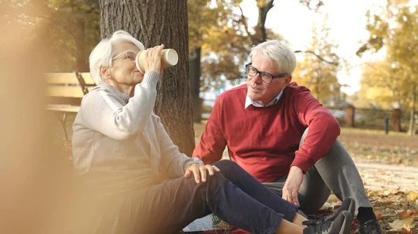 Picknickzeit. Älteres kaukasisches Paar sitzt auf einer Decke im Park und trinkt Kaffee, redet, teilt wertvolle Erinnerungen. — Stockfoto
