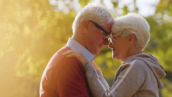 Ancianos pareja caucásica abrazándose en el parque de otoño. Primer plano disparado. Anteojos juntos. —  Fotos de Stock