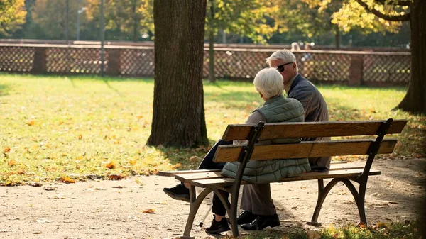 Full outdoor shot presenting autumn scenery. Retired senior couple sitting on the bench in park, enjoying beautiful weather. — Stockfoto