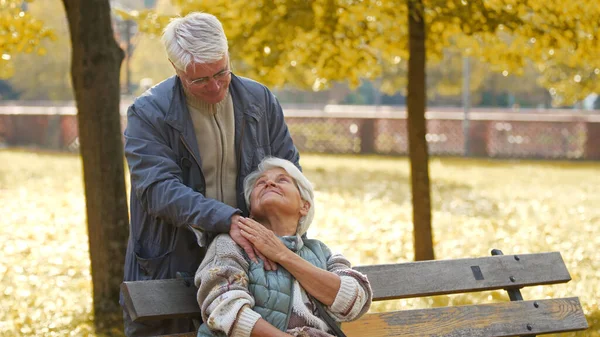 Elderly Caucasian Heterosexual Couple Favourite Park Amazing Affection Two Senior — Stock fotografie