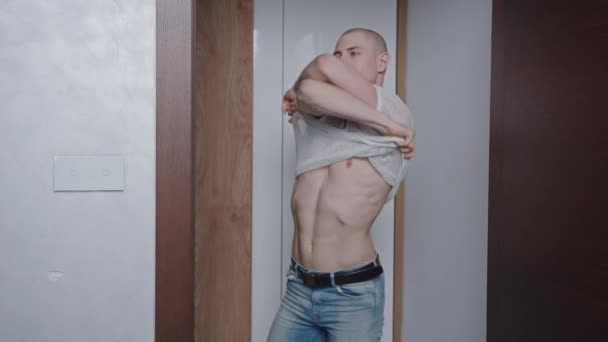 Skinny European Fair Skinned Bald Gay Man Taking His White — Stockvideo