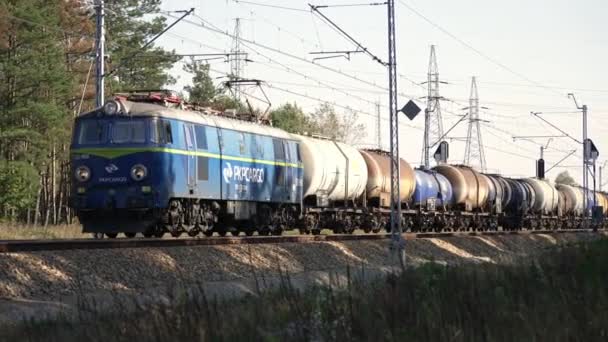 2022 Βαρσοβία Πολωνία Μπλε Τρένο Που Πηγαίνει Στο Σιδηρόδρομο Υψηλής — Αρχείο Βίντεο
