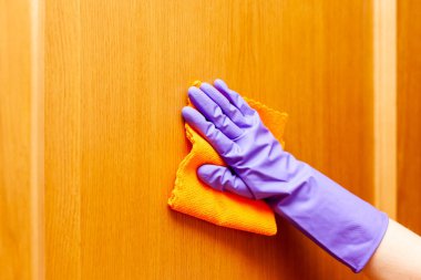 Mor kauçuk eldivenli el kahverengi kapıyı ovuyor, yakın plan.