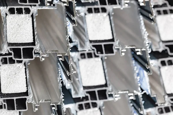 Steel factory warehouse displayed aluminum profile for window, door, bathroom box — Stock Photo, Image