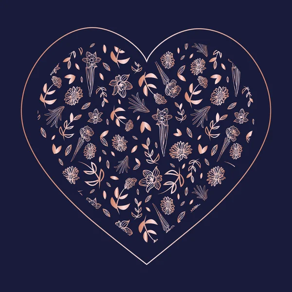 Vector dark blue golden floral heart card template — Stock Vector
