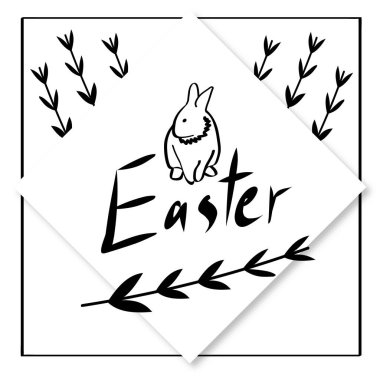 Vektör çizilmiş tavşan, yapraklar, Paskalya kartı şablonu