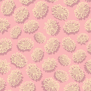 Vektör sarı papatyalar, düz gölgeli doğrusal papatyalar, pembe pürüzsüz desenler. Çiçek arkaplan izi. Soyut paskalya dokusu baskısı. Paketleme, yapıştırma kitabı için harika..