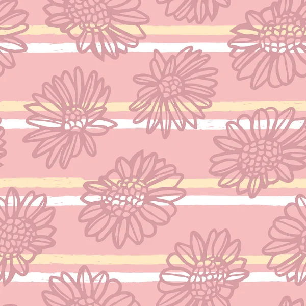 Vector Handgezeichnete Rosa Kamillenblüten Gänseblümchen Lineares Nahtloses Muster Gelb Weiß — Stockvektor