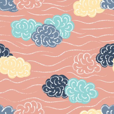 Vektör el çizimi kalem grisi, mavi, pembe, sarı bulutlar, çizgiler, çizgiler, mercan deseni. Çizgi film arka planı. Kumaş ve çocuk bezi için mükemmel. Boya kalemi dokusu.