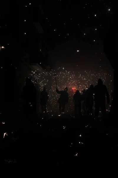 Correfoc Festas Típico Com Fogos Artifício Luzes Nas Cidades — Fotografia de Stock