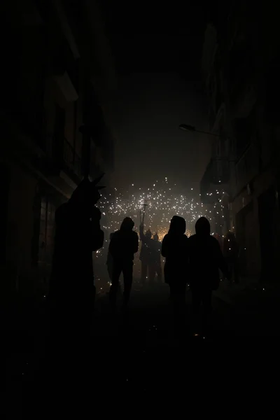 Correfoc Partileri Tipik Havai Fişekler Kasabalardaki Işıklar — Stok fotoğraf