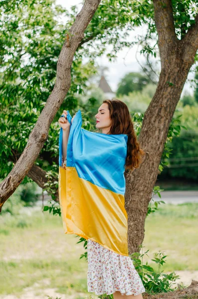 Fille Avec Drapeau Ukraine Femme Ukrainienne Avec Drapeau Ukraine Pavillon — Photo