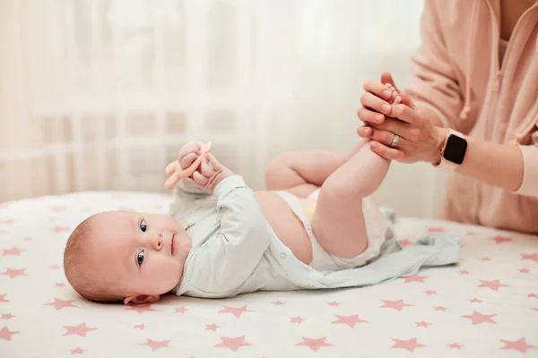 Mom Therapist Giving Massage Baby Home Massage Baby Legs Mother — Stock Photo, Image