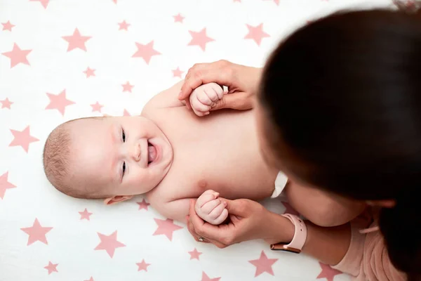 Loving Mother Playing Baby Girl Top View Mom Giving Massage — Stock Photo, Image